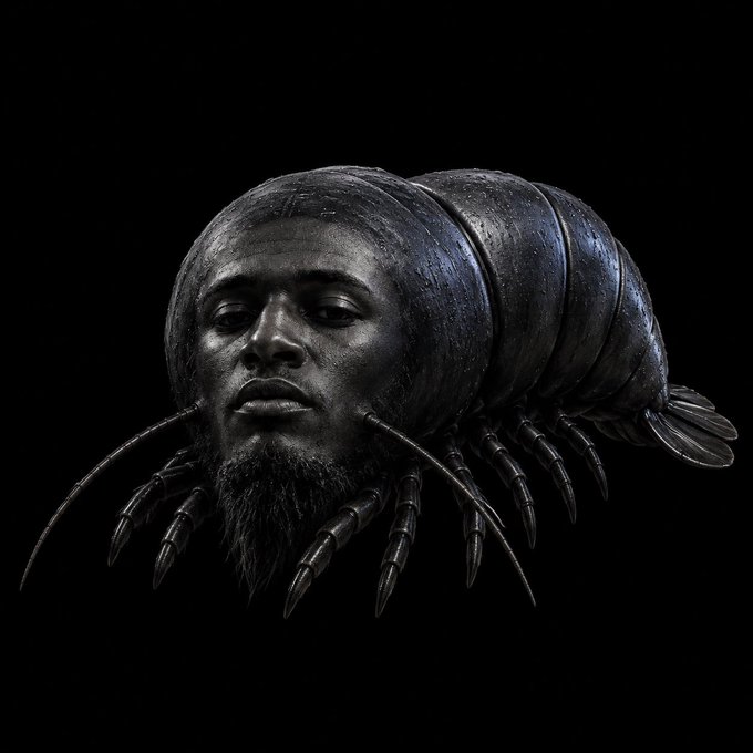 A striking dark digital artwork featuring a surreal hybrid creature that combines a bearded human face with an isopod-like body, set against a black background.