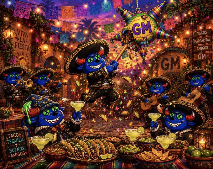 A festive, colorful illustration depicts blue cartoon characters dressed as a mariachi band celebrating at a Mexican fiesta, complete with sombreros, tacos, margaritas, and papel picado decorations.
