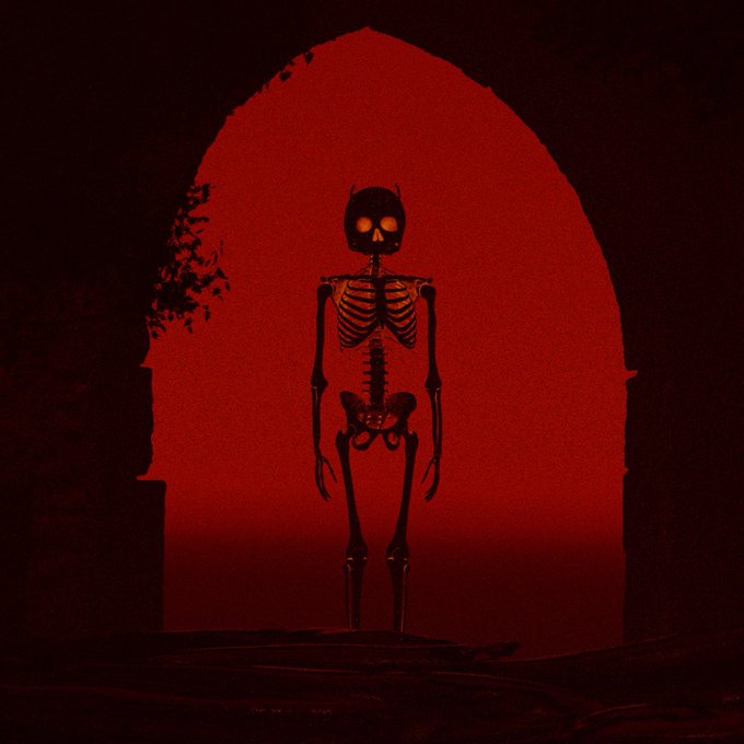 A menacing skeleton with glowing orange eyes stands silhouetted against a deep red, ominous background framed by a dark archway.