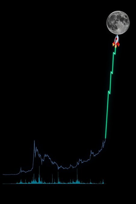 A graphic depicting a stock or crypto price chart showing a sharp upward trend, with a rocket ship flying toward the moon, symbolizing a dramatic price increase to the moon.
