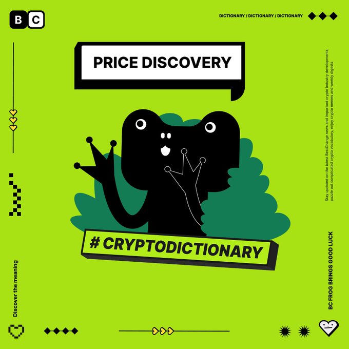 A bright green graphic defines the crypto term 'PRICE DISCOVERY' as part of a '#CRYPTODICTIONARY' series, featuring an illustration of a black frog wearing a crown.
