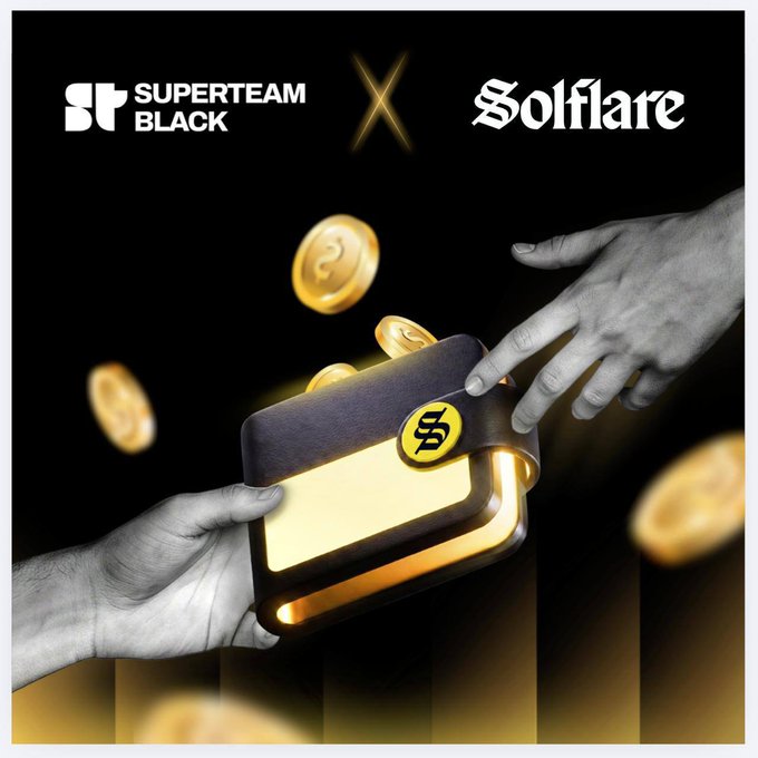 Two hands exchange a glowing Superteam Black-branded wallet emitting golden coins, symbolizing the partnership between Superteam Black and Solflare, with their logos displayed at the top separated by an "X." The image visually represents the collaborative opportunities and resource-sharing highlighted in the announcement of benefits for STBlack teams.