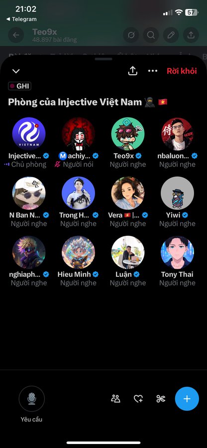 A Telegram app screenshot showing a voice chat room in 'Phòng của Injective Việt Nam' on the Teo9x channel, featuring multiple participants with Vietnamese labels like 'Chủ phòng' and 'Người nghe'.