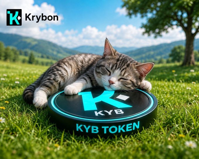 A tabby cat naps peacefully on a glowing disc labeled "KYB TOKEN" in a sunny meadow, while a "Krybon" logo floats above. The serene scene ties into the post's reminder to collect your daily KYB tokens, with the resting cat echoing the relaxed "GM" vibe.