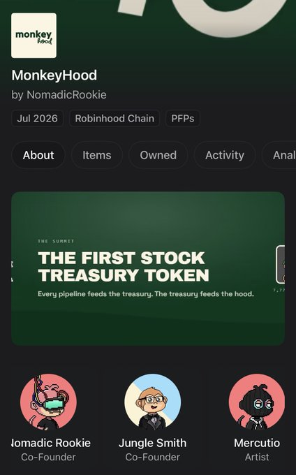 A mobile app screen for 'MonkeyHood' NFT collection by NomadicRookie on Robinhood Chain, featuring a banner reading 'THE FIRST STOCK TREASURY TOKEN' and team profiles for Nomadic Rookie, Jungle Smith, and Mercutio.
