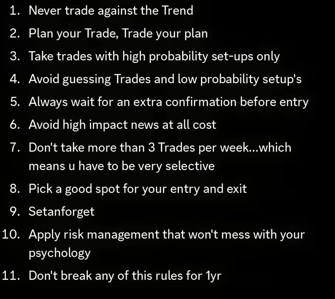 A list of 11 trading rules written in white text on a black background, including advice like 'Never trade against the Trend,' 'Plan your Trade, Trade your plan,' and 'Don't break any of this rules for 1yr.'