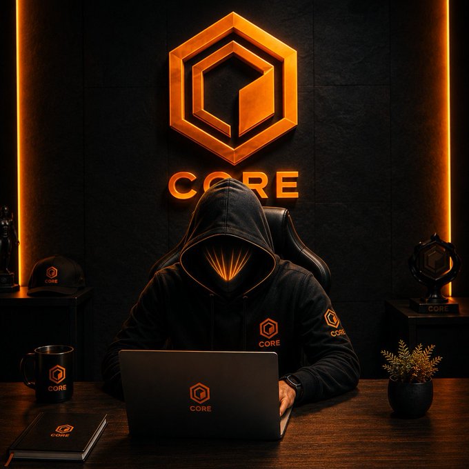 A hooded figure in CORE-branded apparel works at a laptop in a dark, neon-lit room featuring a glowing "CORE" logo, symbolizing a dedicated return to building after a break. The image reinforces the post's theme of renewed focus on the Core project, with visible CORE merchandise and a trophy emphasizing the "back to building" message alongside the $CORE ticker and #CoreDAO hashtags.