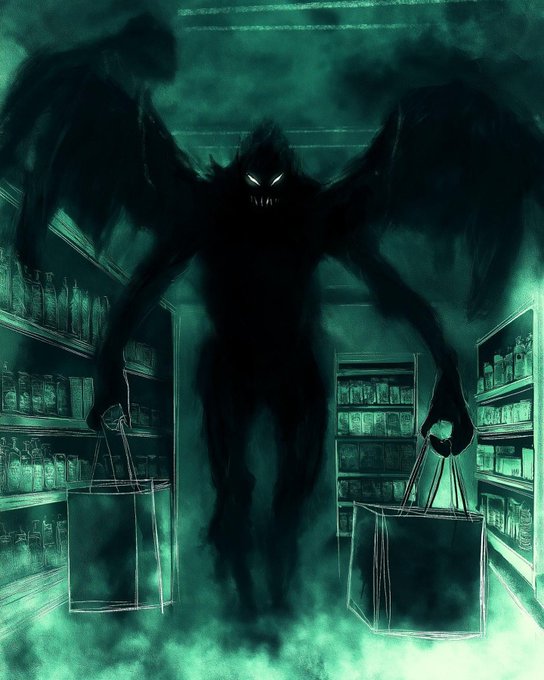 A dark, eerie illustration of a tall, shadowy winged creature with glowing white eyes standing in a green-lit aisle between shelves, holding shopping bags in both hands.