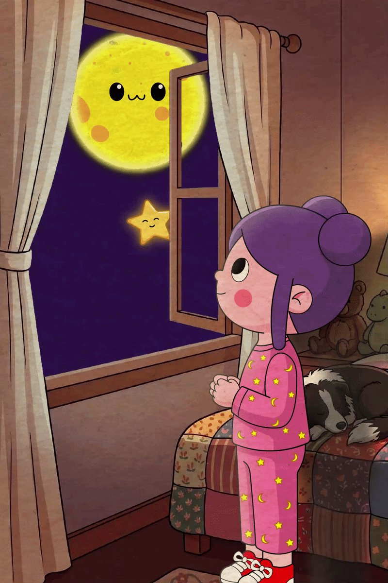 The image features a young girl with purple hair standing by an open window at night, looking up at the moon. She appears to be praying or contemplating something. The background of the image shows a starry sky, which adds to the overall atmosphere of the scene. The caption "Quiet Light" suggests that even in moments of darkness and uncertainty, there is always enough light within us to guide our way forward.