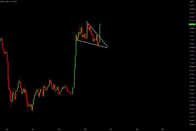 A Bitcoin/Tether (BTCUSDT) daily candlestick chart shows price action breaking upward out of a descending triangle pattern, confirming the "Perfect breakout" referenced in the caption, with the breakout occurring near the $76,000 price level.