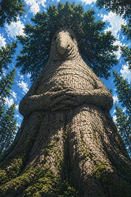 A massive tree trunk viewed from below, featuring a distinctive burl formation that resembles a human face looking upward.