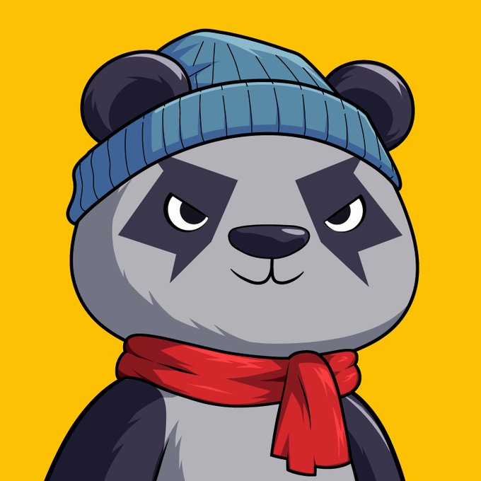 A cartoon gray panda wearing a blue beanie and red scarf with a tough expression appears on a bright yellow background, representing the Hood Pandas NFT collection being minted tomorrow at 11am EST.