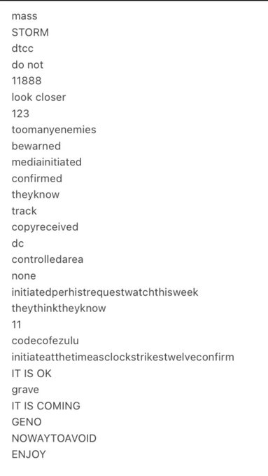 The image shows a vertical list of seemingly coded phrases and words in black text on a light background, including entries like "mass," "STORM," "dtcc," "do not," "11888," "toomanyenemies," "bewarned," "IT IS OK," "IT IS COMING," "GENO," "NOWAYTOAVOID," and "ENJOY." 

The final entries "NOWAYTOAVOID" and "ENJOY," along with phrases like "IT IS COMING," reinforce the post's cryptic message about an imminent XRP event, with "NOWAYTOAVOID" directly echoing the post's caption about Mr Pool's warning dated 8/22.