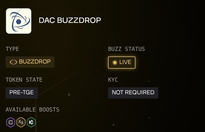 A dashboard interface showing a 'DAC BUZZDROP' event with BUZZ STATUS set to LIVE, TOKEN STATE as PRE-TGE, and KYC marked NOT REQUIRED.