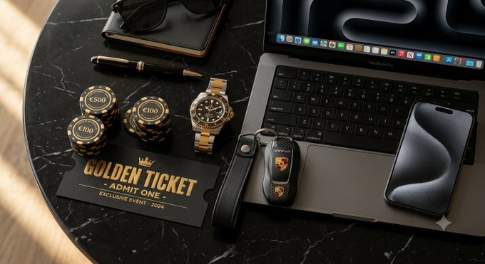 A luxury flat lay photograph on a dark marble table featuring a Rolex watch, sunglasses, a MacBook, an iPhone, a Porsche car key, poker chips, and a 'GOLDEN TICKET - ADMIT ONE - EXCLUSIVE EVENT - 2024' card.