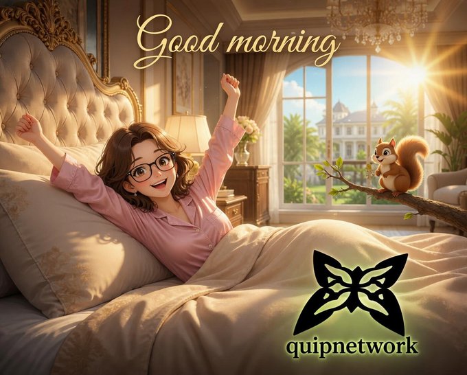 An illustrated 'Good morning' scene featuring a girl in pink pajamas stretching in a luxurious bed, with a cartoon squirrel on a branch and the 'quipnetwork' logo in the corner.