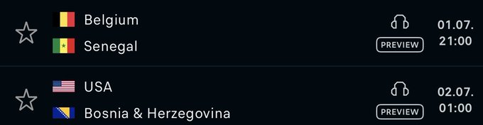 The image shows a sports schedule listing two upcoming matches: Belgium vs. Senegal on 01.07 at 21:00 and USA vs. Bosnia & Herzegovina on 02.07 at 01:00, each marked with a "PREVIEW" tag. This appears to be a screenshot the user, @kaponeOthello, is sharing as proof of their winning $20 bet on these games, likely as part of the post announcing their prize and requesting a Solana wallet address for payout.