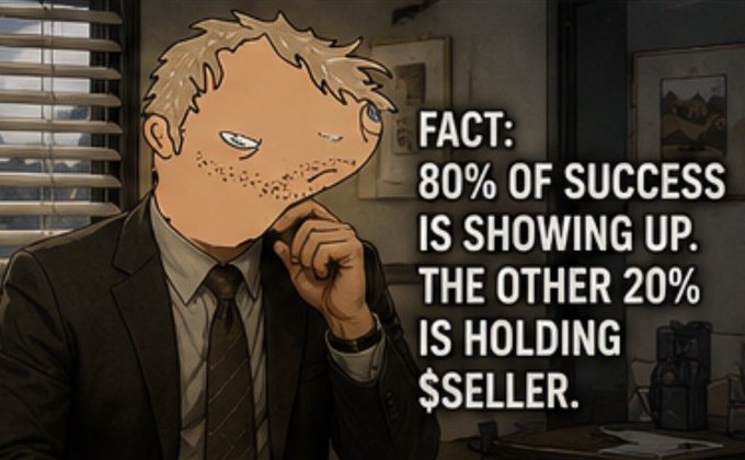 A cartoon character in a suit in a thinking pose with the text 'FACT: 80% OF SUCCESS IS SHOWING UP. THE OTHER 20% IS HOLDING $SELLER.'