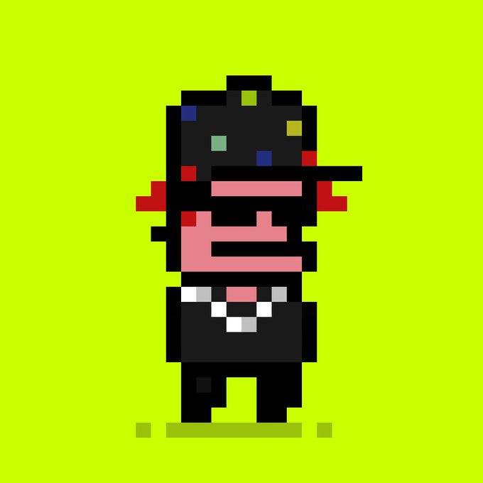 A small pixel art character with a black head, pink and red facial markings, and black clothing stands against a bright green background.