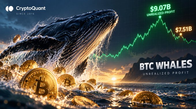 CryptoQuant graphic titled "BTC WHALES UNREALIZED PROFIT" featuring a whale image, golden Bitcoin coins, and figures of $9.07B and $7.51B alongside CryptoQuant's logo since 2016.
