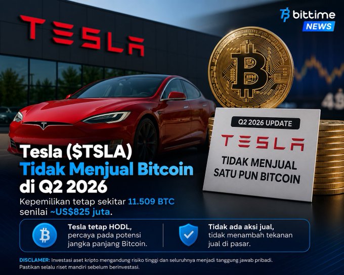 A news graphic titled 'bittime NEWS' featuring a red Tesla car, a Bitcoin coin, and Indonesian text announcing 'Tesla ($TSLA) Tidak Menjual Bitcoin di Q2 2026' (Tesla did not sell Bitcoin in Q2 2026), noting holdings of approximately 11,509 BTC worth ~US$825 million.