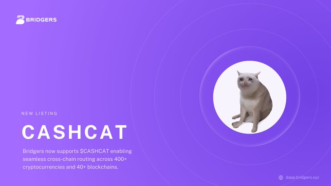 A Bridgers announcement page for a 'NEW LISTING' of '$CASHCAT', displaying text about cross-chain routing across 400+ cryptocurrencies and an image of a white cat.