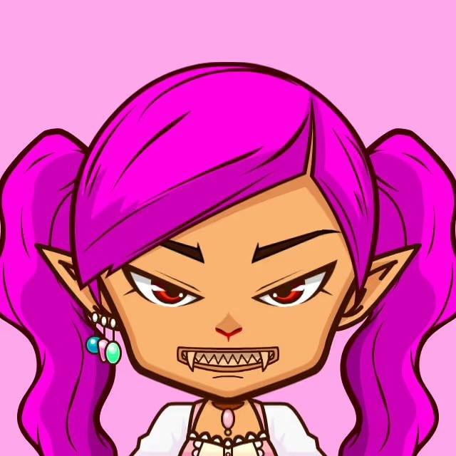 An animated character with bright pink hair in pigtails, pointed ears, fangs, and a beaded necklace against a pink background.