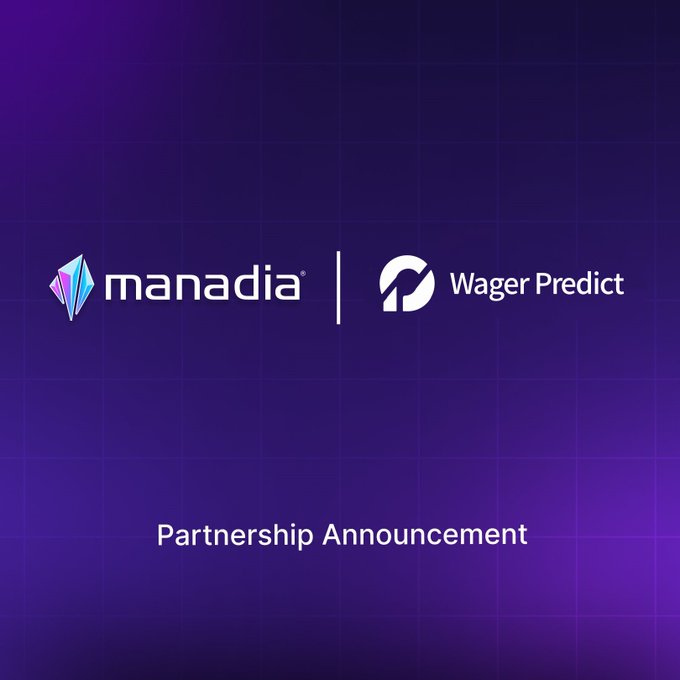 A promotional graphic on a purple gradient background announces a partnership between **manadia** and **Wager Predict**, featuring both companies' logos side-by-side separated by a divider, with the text "Partnership Announcement" displayed below—visually reinforcing the collaboration described in the post about advancing decentralized prediction market infrastructure.