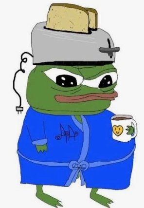 A cartoon Pepe the Frog wears a blue robe and a toaster on his head with bread popping out, holding a mug with a heart design.