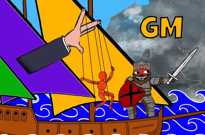 The image features a cartoon illustration of a ship sailing through rough waters, with a pirate holding a sword and a crown on his head. The pirate is wearing a red and black striped outfit that matches the color scheme of the ship's sails. In the background, there are two people standing near the sailboat, one dressed in a suit and the other in a cape. The text "GM" can be seen in the image as well.