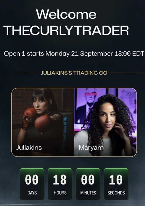 A promotional countdown graphic for the "Premier Trading League" welcoming "THECURLYTRADER," featuring side-by-side headshots of "Juliakins" (in boxing gloves) and "Maryam," with a timer showing 18 hours until the Open 1 session begins Monday, 21 September at 18:00 EDT. The design visually reinforces the post's "fighter and trader" theme by pairing a fighter-themed image of Juliakins with Maryam the trader.