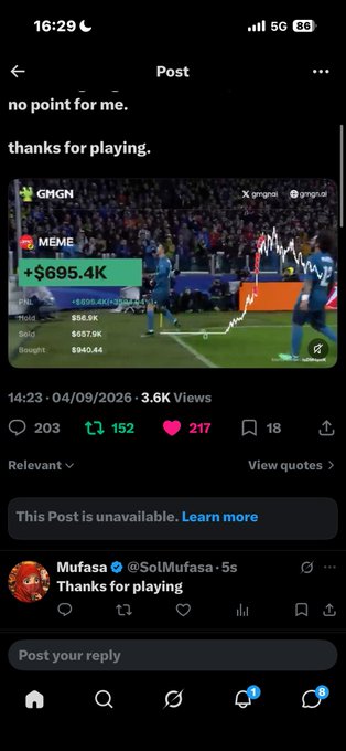 A social media post shows a meme about a cryptocurrency called GMGN that gained $695.4K, with the caption 'no point for me. thanks for playing' and a reply from @SolMufasa saying 'Thanks for playing'.