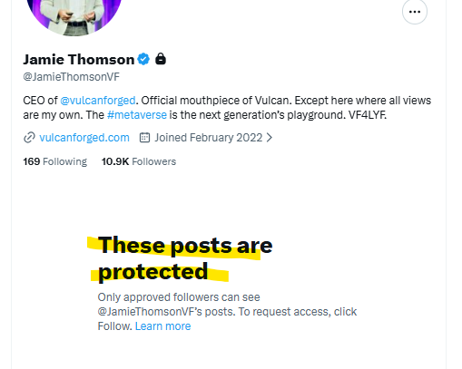 The image shows Jamie Thomson's (@JamieThomsonVF) Twitter profile, identified as CEO of @vulcanforged, with his posts protected and only visible to approved followers. This relates to the caption's mention of Jamie deleting his Twitter, signaling the poster's pessimistic outlook on the Vulcan Forged ($PYR) project.
