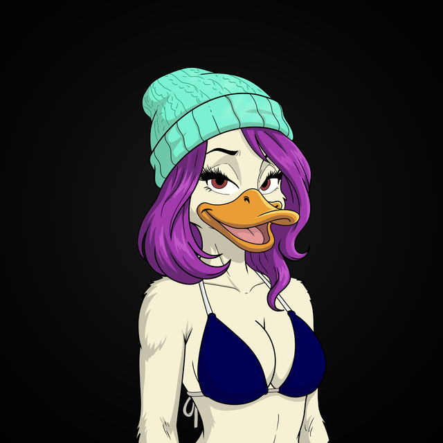A cartoon woman with purple hair, a turquoise knit hat, a duck bill, and a blue swimsuit stands against a black background.