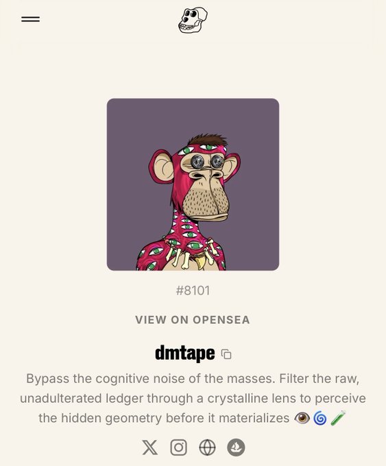The image shows a screenshot of an online store called Bayc.ca, which sells digital music files for digital media players like Windows Media Player (WMS), Adobe Digital Watermarking software (ADWater), and Media player libraries. The main focus is a cartoon monkey wearing eye patches with different colored eyes, possibly representing different audio tracks or songs that are stored on the file. 

In the screenshot, there's an option to click on "View On Open Sea" which implies viewing digital music files from an online source like this website in relation to the posted post about DMTape. Additionally, there is a button labeled "bypass" under "dmtape", potentially for navigating or skipping over certain sections of content when browsing through the store's offerings.