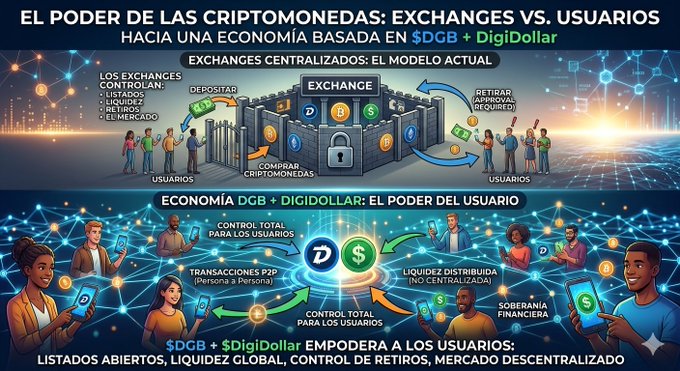 The image features a graphic representation of an economic system, with two columns depicting different types of currency - $DGB (Digital Dollar) and $Digidollar. The column for $DGB shows a group of people holding digital wallets, while the column for $Digidollar has individuals using physical money. The text in the image suggests that there is a connection between these two forms of currency or that they are being used together within an economic system.