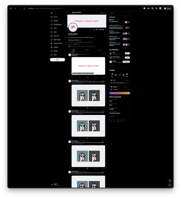 A screenshot of the X (formerly Twitter) profile page for @punksauctions, featuring the CryptoPunks-themed banner and profile image with the handle "PUNKX.AUCTION," displaying live auction posts. The post highlights that users can follow live auctions and all CryptoPunks marketplace sales on this account, as demonstrated by the feed of auction listings visible in the timeline.
