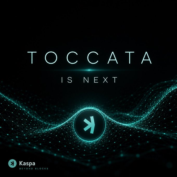 The image features a black background with a blue circle containing an arrow pointing right, surrounded by small white dots. The caption below the image reads "More people are starting to see Kaspa for what it is. Not a promise. Not a concept. A network that keeps building. Toccata is just the next step."