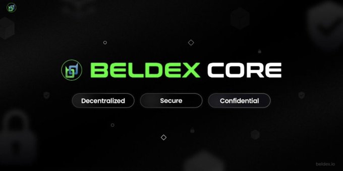 A promotional graphic for 'BELDEX CORE' with green and white text on a black background, highlighting the platform's features as 'Decentralized', 'Secure', and 'Confidential' alongside the beldex.io URL.