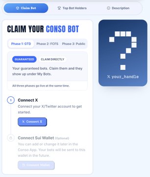 A screenshot of a Conso Bot claiming page shows options for Phase 1, Phase 2, and Phase 3, with instructions to connect X and a ConSol wallet to claim a free NFT; the right panel displays a pixelated “?” and the handle “your_handle.” The post mentions Conso bots on Sui by WalrusProtocol and another OpenSea mint, while this image specifically illustrates the Conso.xyz bot claim interface.