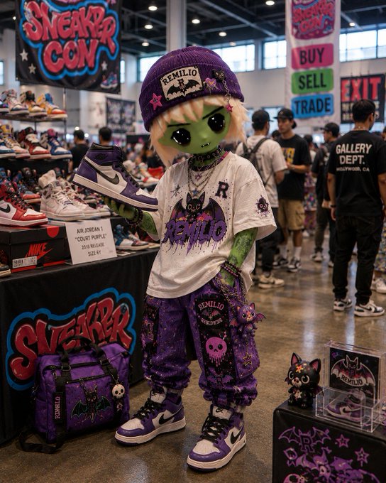 The image features a person dressed up as a green alien wearing purple pants, shoes, and a hat with a star design. They are holding a sneaker in their hand while standing next to a table displaying various sneakers. The background of the photo shows several people walking around or standing near other tables at a convention center.

The post that accompanies this image reads: "gm if you re-culture morning CT". This suggests that the person dressed as an alien might be attending a convention related to green living, sustainability, or eco-friendly practices. The presence of sneakers on display could indicate a focus on environmentally friendly footwear options at such events.