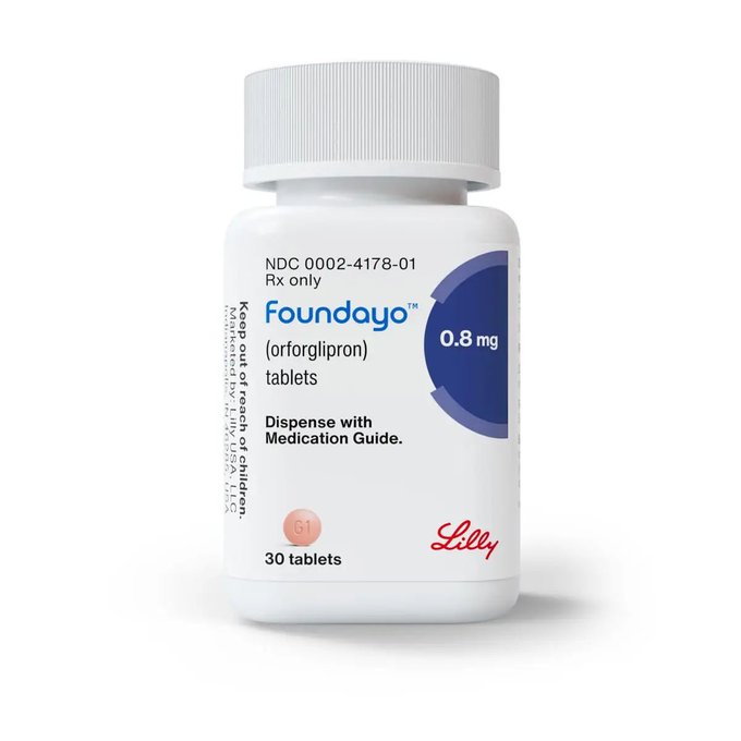 A bottle of Foundayo (orforglipron) 0.8 mg tablets by Lilly, containing 30 tablets with NDC 0002-4178-01. The post appears to criticize the trend of relying on weight-loss medications like this GLP-1 pill as a shortcut, arguing that avoiding the effort of traditional diet and exercise ultimately leads to greater costs down the line.