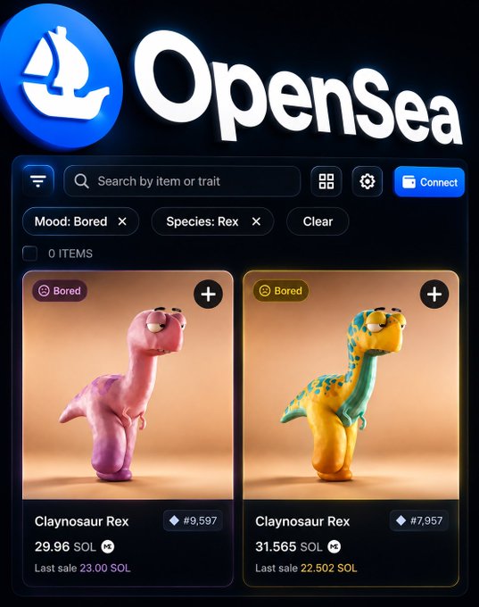 A screenshot of the OpenSea NFT marketplace showing two 'Claynosaur Rex' items in the 'Bored' mood filter, priced at 29.96 SOL and 31.565 SOL respectively, both showing '0 ITEMS' in the results.