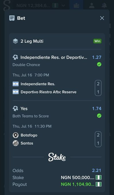 A screenshot of a Stake betting slip showing a winning 2-Leg Multi bet on Independiente Reserva or Deportivo Riestra (odds 1.27) and Both Teams to Score in Botafogo vs Santos (odds 1.74), resulting in a ₦1,104,900 payout from a ₦500,000 stake. The image aligns with the celebratory post by visually confirming the "banker" win and the payout amount referenced.