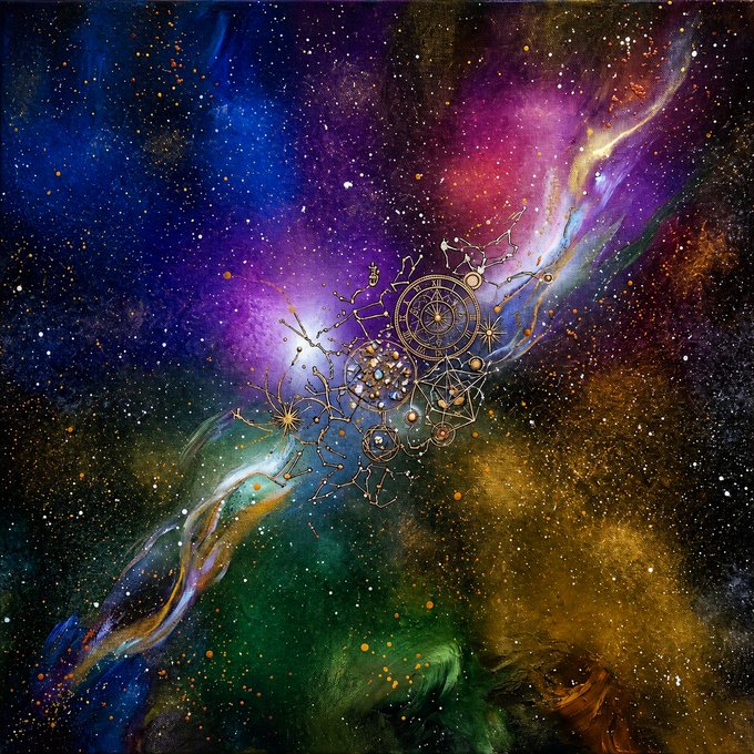 A vibrant cosmic painting featuring a colorful nebula in purple, blue, green, and gold, with mystical golden geometric and astrological symbols at its center, scattered across a starry night sky.