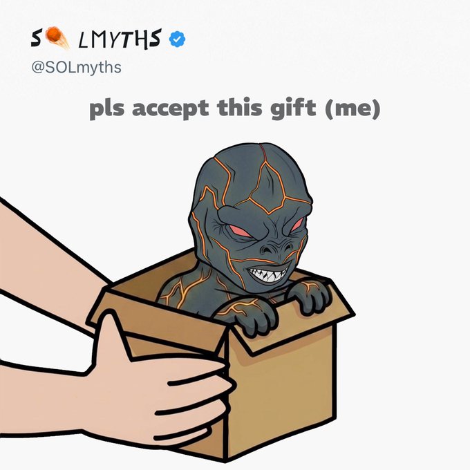A humorous digital illustration by @SOLmyths features a baby version of a dark, lava-cracked monster with glowing red eyes and a mischievous grin peeking out of a cardboard box being held by a pair of hands. The caption "pls accept this gift (me)" plays on the post's joke about taking "a gift" personally, presenting the monstrous baby itself as the unwanted but adorable present.