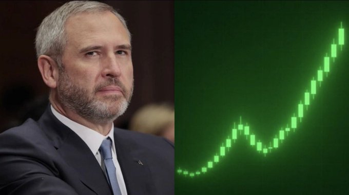A split image showing a serious-looking gray-bearded man in a suit on the left, paired with a green rising stock market chart on the right.