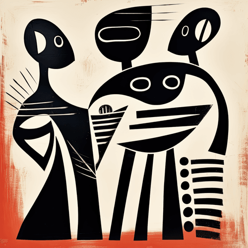 A stylized abstract painting features bold black shapes resembling figures with elongated necks and varied facial features against a cream background with orange and red accents.
