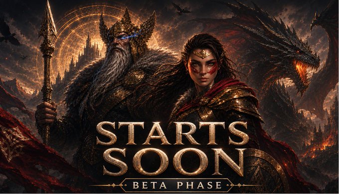 A fantasy game promotional banner reading 'STARTS SOON BETA PHASE,' depicting a warrior woman, a bearded king with a spear, and a dragon with glowing orange eyes in a dramatic medieval setting.