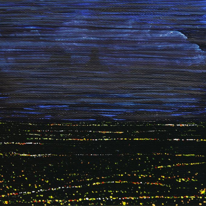 A glitchy, abstract landscape featuring a blue cloudy sky above a horizontal band of colorful pixelated lights against a dark background.